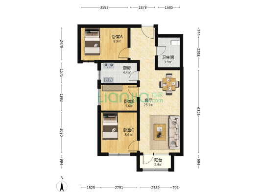 四季怡园三区 3室1厅1卫 87平方