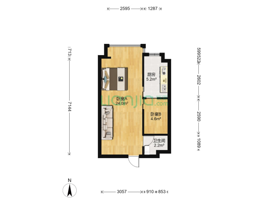 绿地缤纷城 2室0厅1卫 53平方