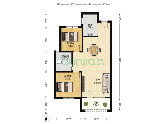 鑫江花漾里 2室1厅1卫 85平方