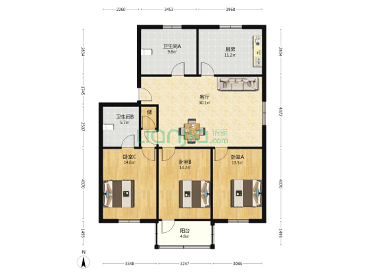 银杏苑(昆山市) 3室1厅2卫 131平方