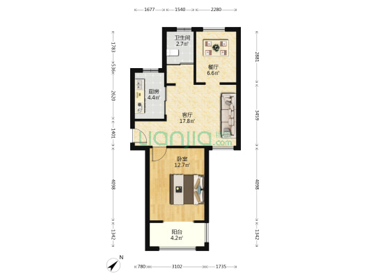 练祁佳城绿地家苑 1室2厅1卫 71平方