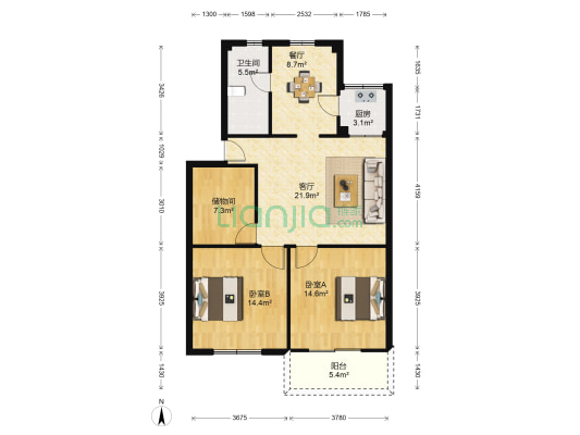 吕浦花苑 2室2厅1卫 90平方