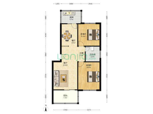 青年路1号院 2室2厅1卫 92平方