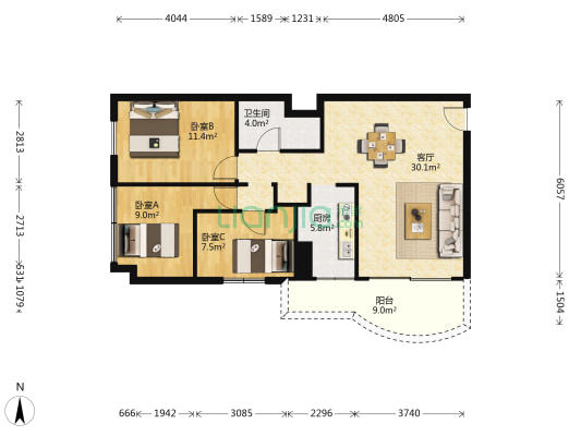 大欣圆梦园 3室1厅1卫 95平方