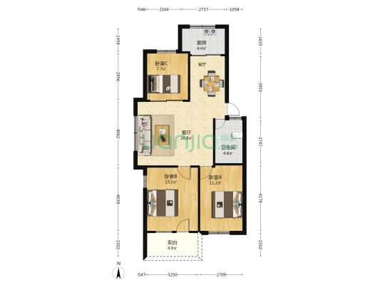 双星公寓楼 3室1厅1卫 93平方