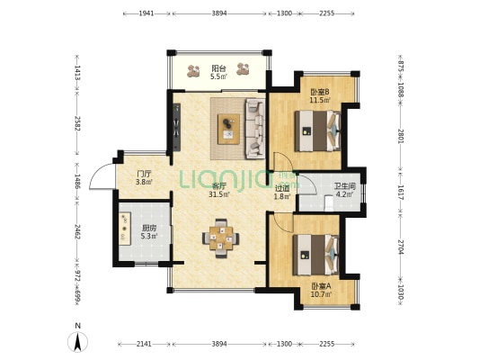 紫园D区 2室1厅1卫 89平方