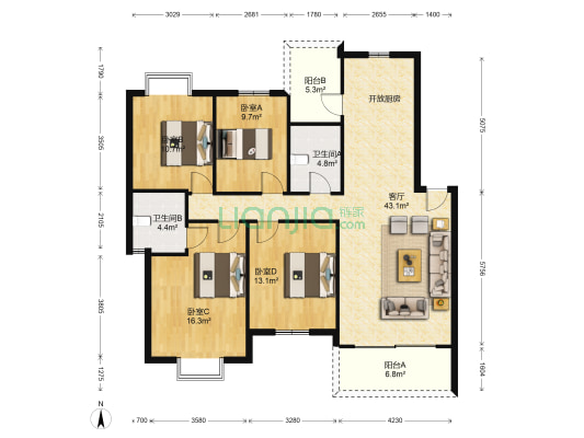 海茵·国际花城(长福路) 4室1厅2卫 142平方