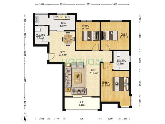 江南鸿郡 3室2厅2卫 129平方