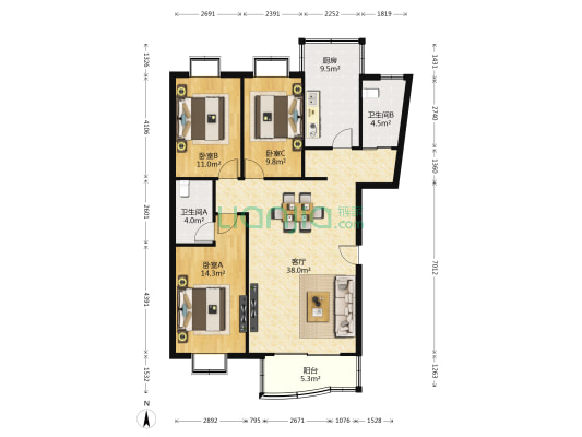 黄浦新苑西区 3室1厅2卫 141平方