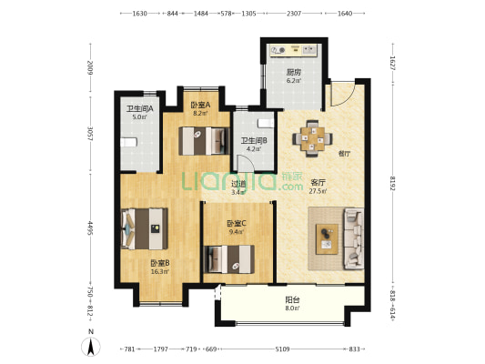 澳门山庄二期 3室1厅2卫 122平方