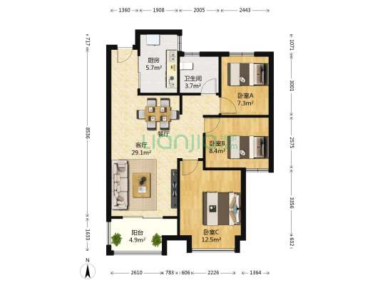 万达文化旅游城E区 3室1厅1卫 95平方