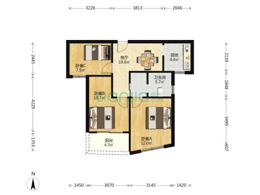 家乐公寓 3室1厅1卫 79平方