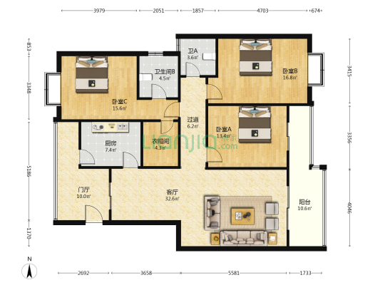景上阳光 3室1厅2卫 137平方