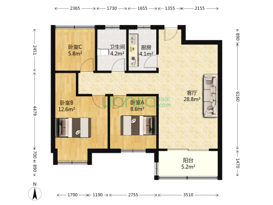 滨湖阳光里 3室1厅1卫 89平方
