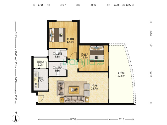 中国青城国际颐养中心 2室1厅2卫 89平方