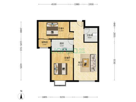 涿州德信公园旁，翡翠滨江南向两居,有本-户型图