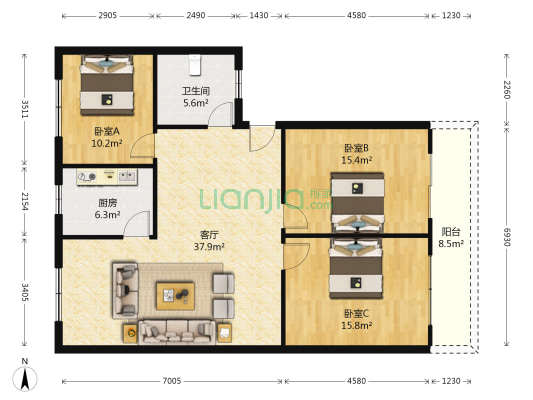 阳光星苑 3室1厅1卫 117平方