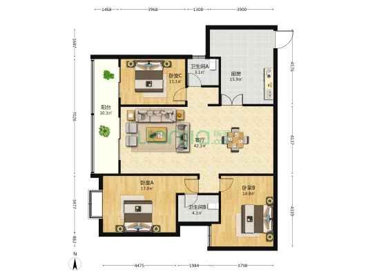 广西日报传媒集团 3室1厅2卫 135平方