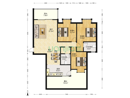 西城新天地二期 3室2厅2卫 123平方