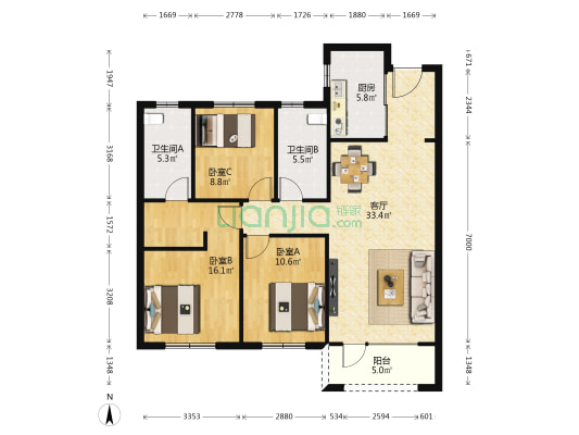 华润置地新凯旋 3室1厅2卫 120平方