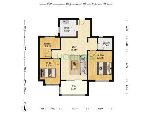 万科中央公园岚庭 2室1厅1卫 88平方