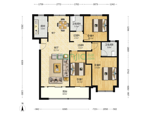 国融西兴时代 3室1厅2卫 138平方