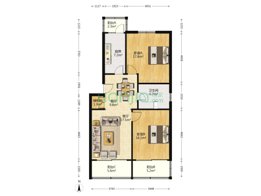 乐业公寓 2室2厅1卫 106平方