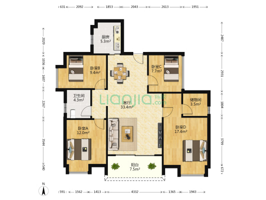 豪进山湖珺璟 4室1厅1卫 120平方