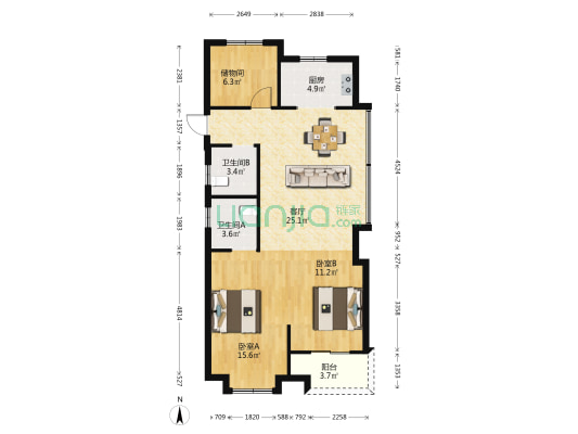 辰悦世家 2室1厅2卫 98平方
