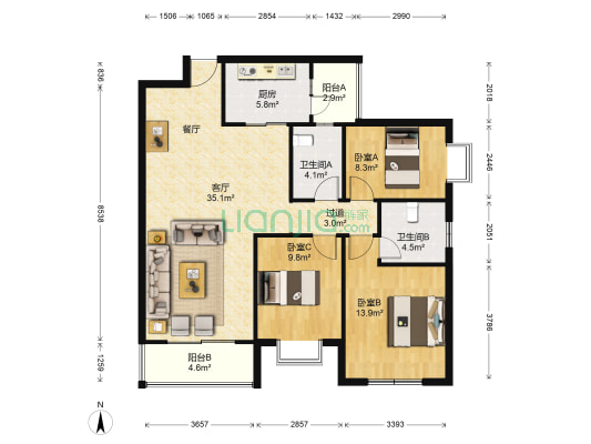 海益数码港 3室1厅2卫 126平方