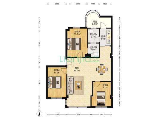 南村水产大院 3室1厅2卫 95平方