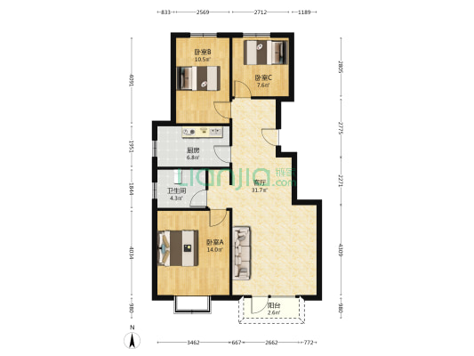 总高8层小高层，南北通透3居，视野好-户型图