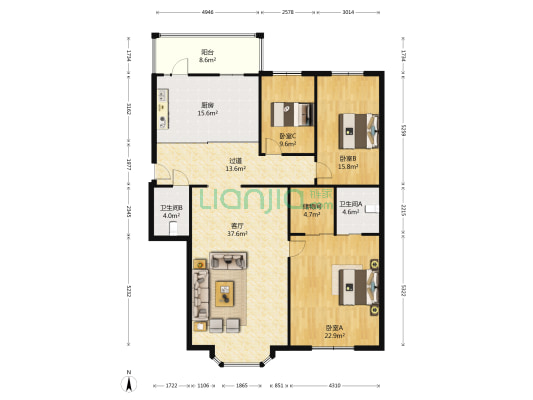 信恒现代城 3室1厅2卫 166平方
