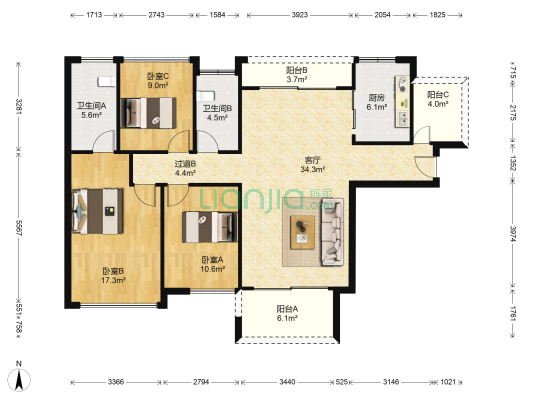 幸福里二期 3室1厅2卫 128平方