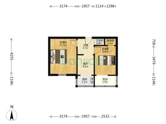 太原旅游学院宿舍 2室1厅1卫 46平方