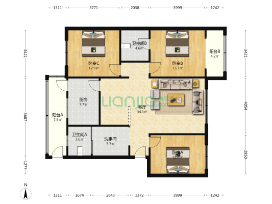 解放社区茂盛苑 3室1厅3卫 125平方