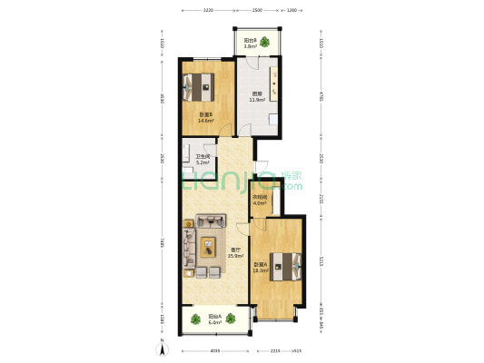 电塔家园 2室1厅1卫 136平方