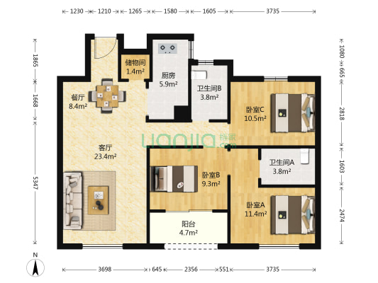 罗西住宅区一组团 3室2厅2卫 100平方