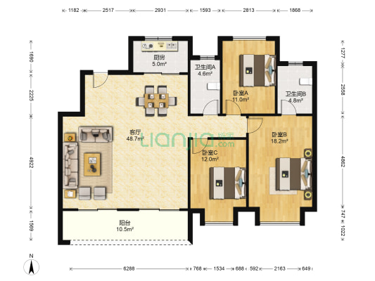 南湖七号 3室1厅2卫 136平方