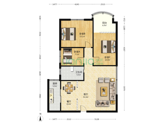 镬子山社区龙浦街 3室2厅1卫 131平方