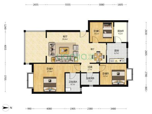 众合北尚二期 3室1厅2卫 107平方