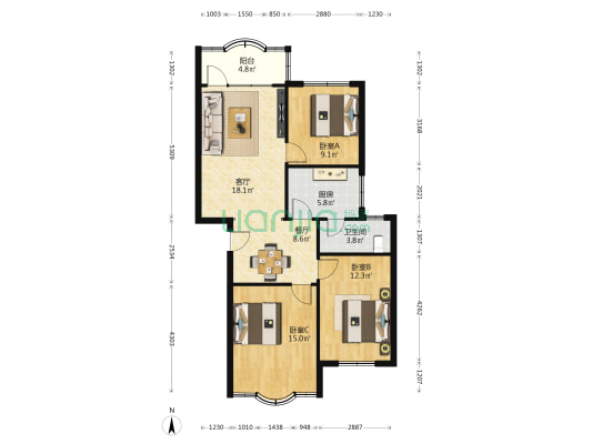 洪浪一村 3室2厅1卫 90平方