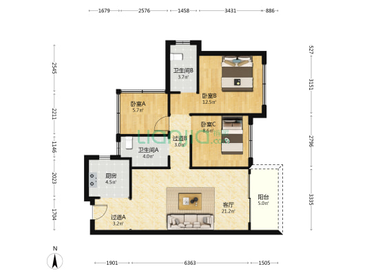 龙光天府玖龙郡 3室1厅2卫 86平方