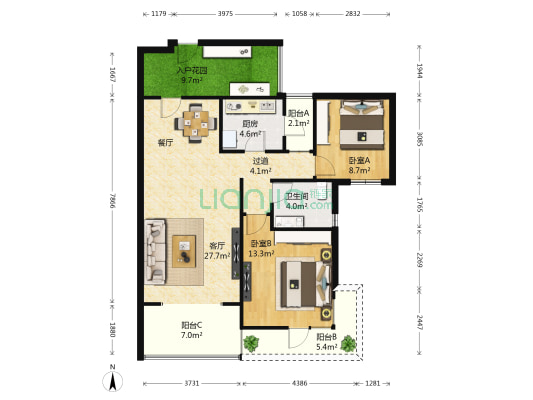霏红榭 2室1厅1卫 87平方