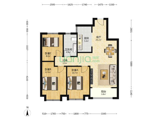 融创时代中心臻善园 3室1厅1卫 104平方