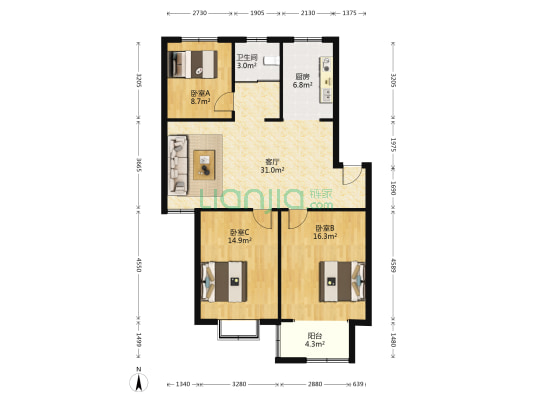民丰北苑 3室1厅1卫 98平方