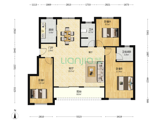 绿地国宝21城三期 3室1厅2卫 121平方