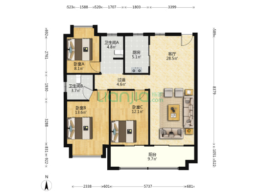 颍州·弘阳府 3室1厅2卫 120平方