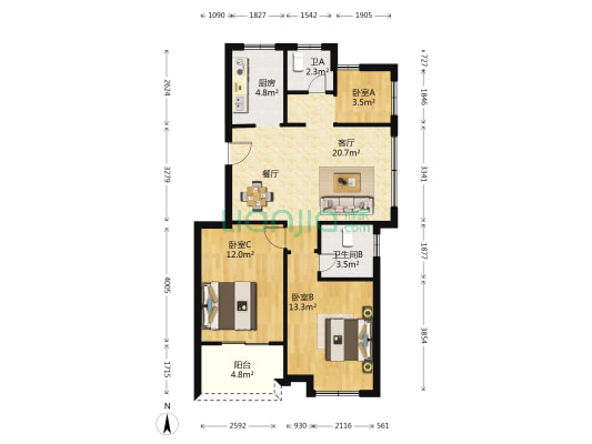 鸿翔龙悦府 3室1厅2卫 88平方