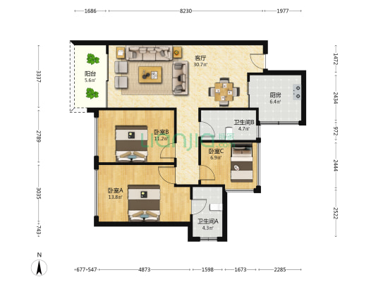 金众麒麟公馆 3室1厅2卫 98平方
